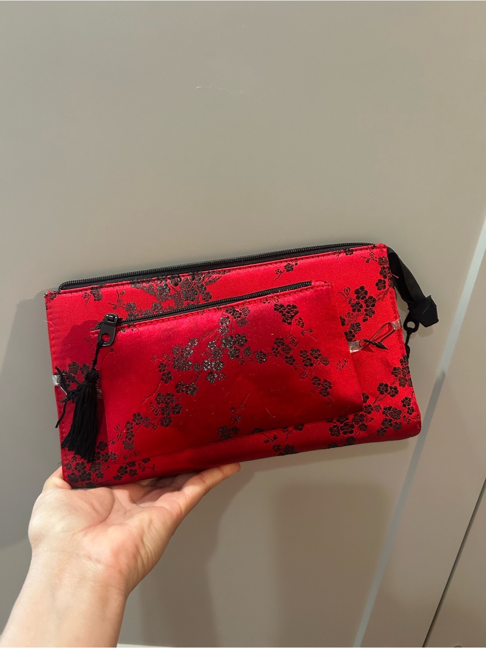 Red Floral Satin Zip Clutch Bag with Tassel